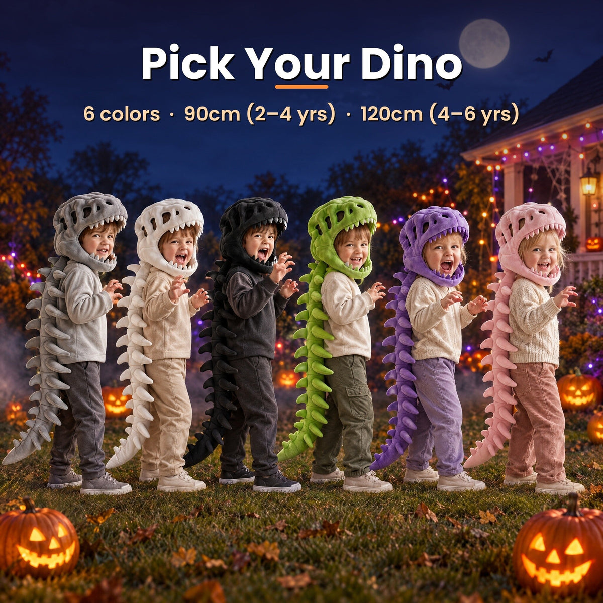 Pick your dino: six colors of Momi Toys dinosaur hood and tail in two sizes