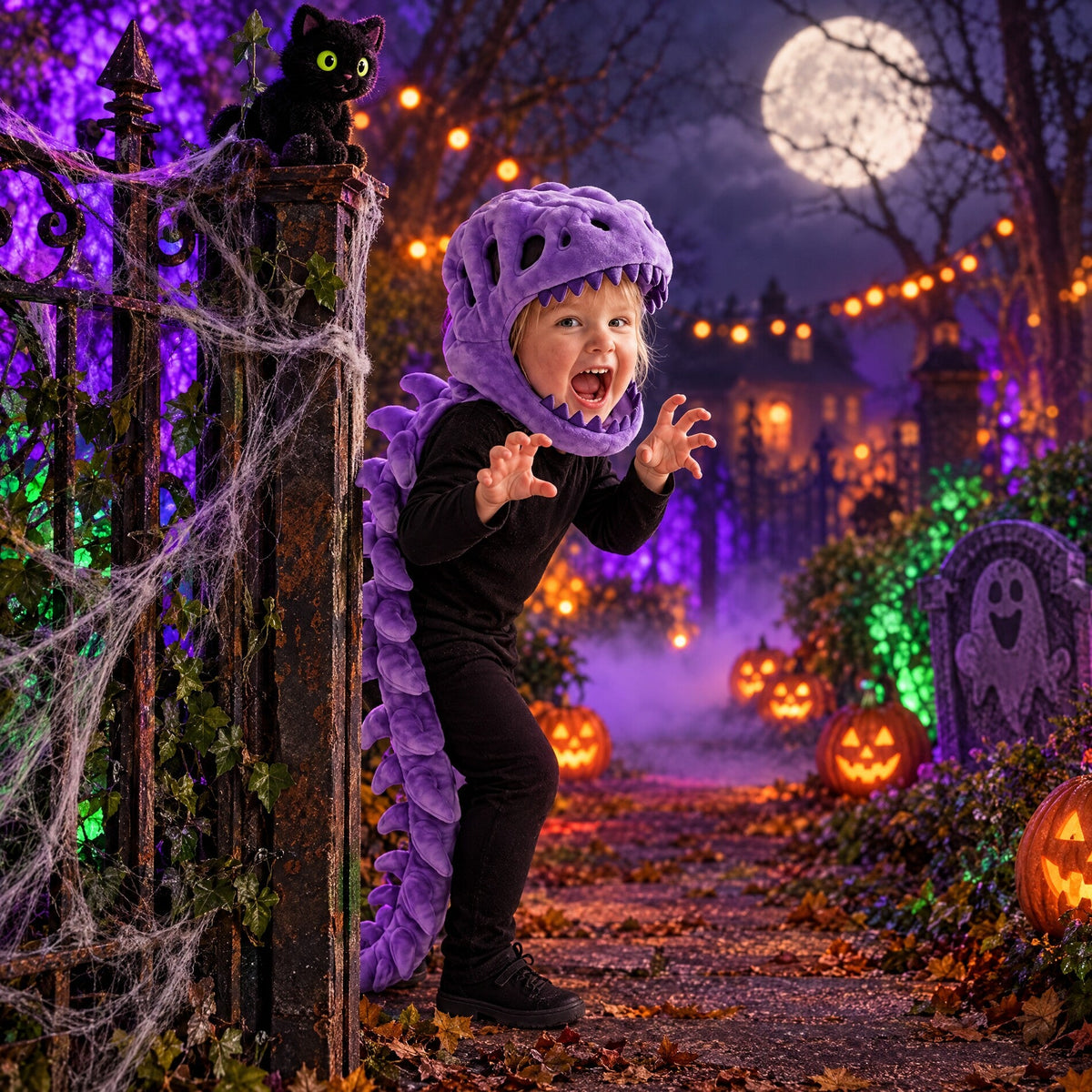 Kid in Momi Toys purple plush dinosaur hood and tail at a spooky Halloween gate