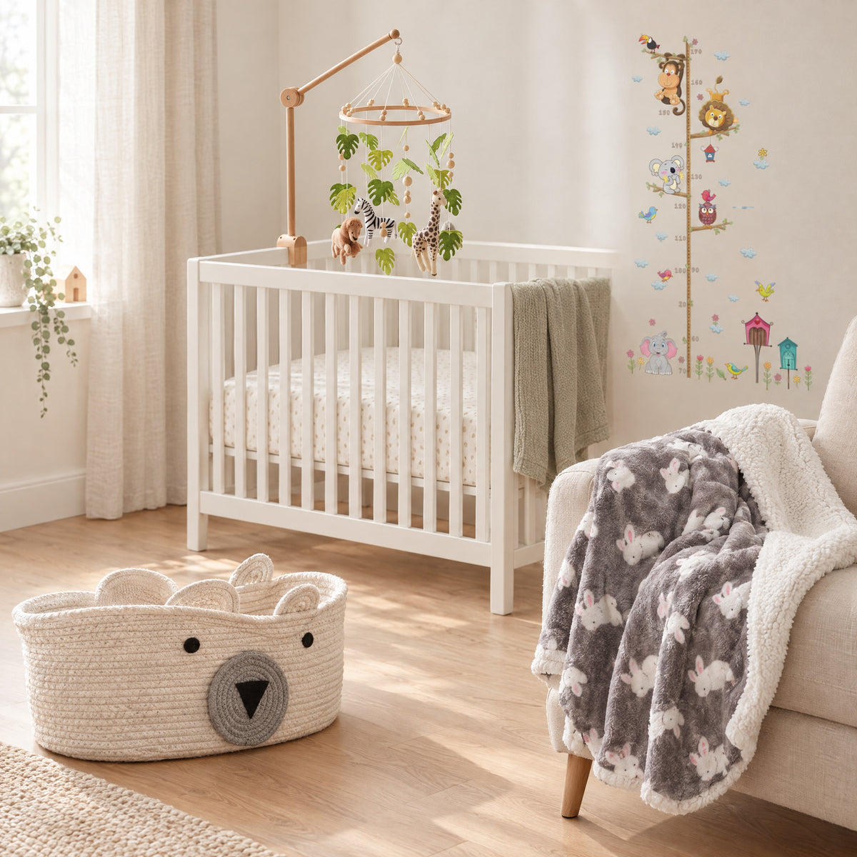 Nursery with a crib mobile, moses basket, sherpa blanket and jungle height chart