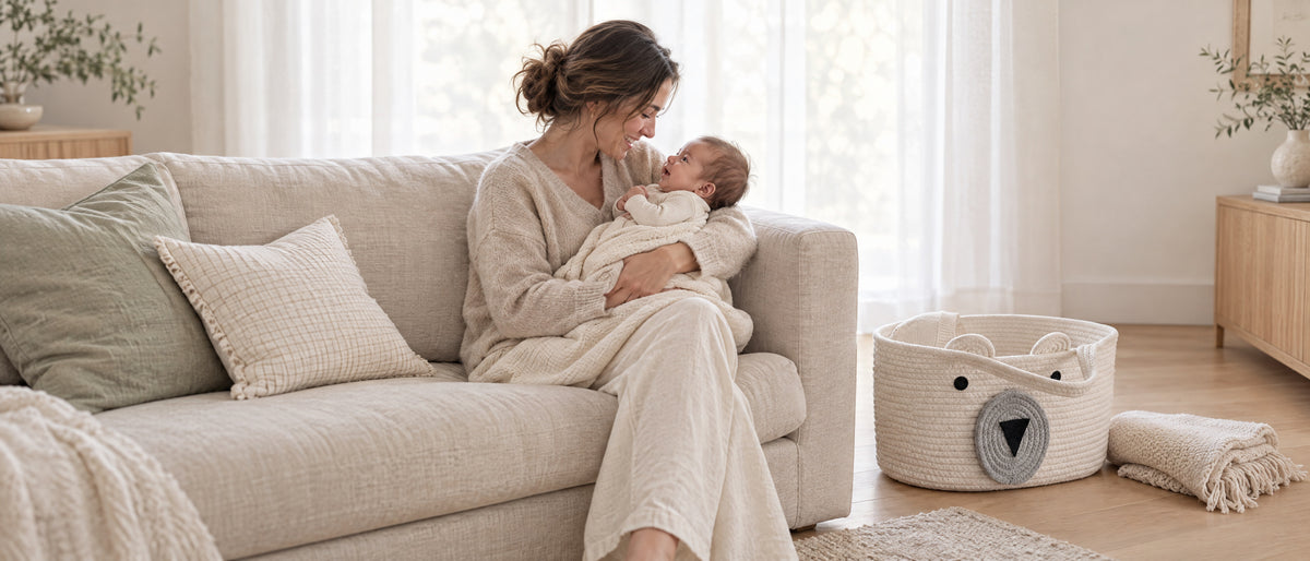 Mom holding her newborn on the sofa beside a woven Momi Toys moses basket