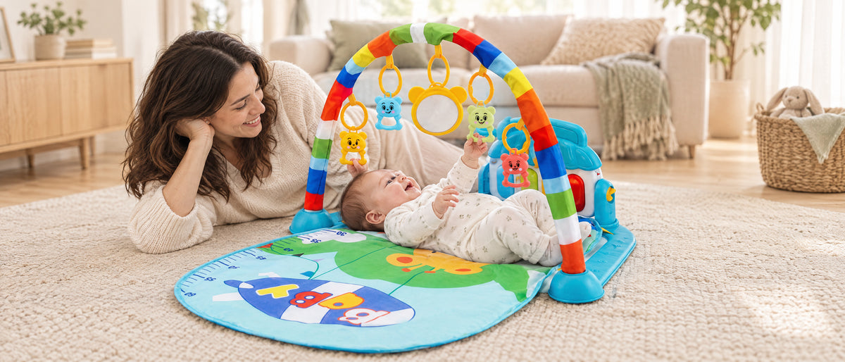 Baby reaching for toys on the Momi Toys play gym while mom watches