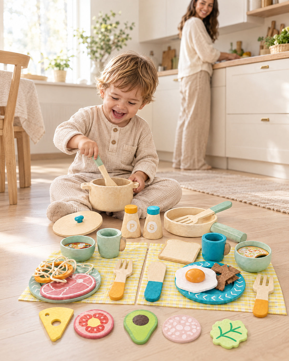 Toddler laughing while playing with the Momi Toys wooden play food set