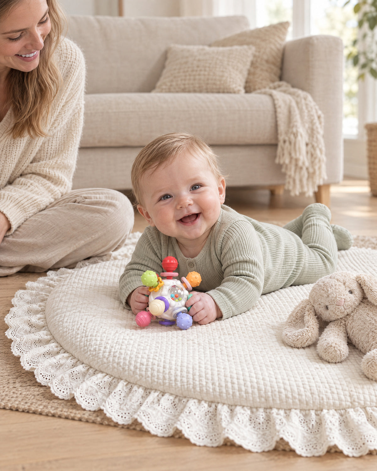 Baby on the Momi Toys round play mat holding the sensory teether