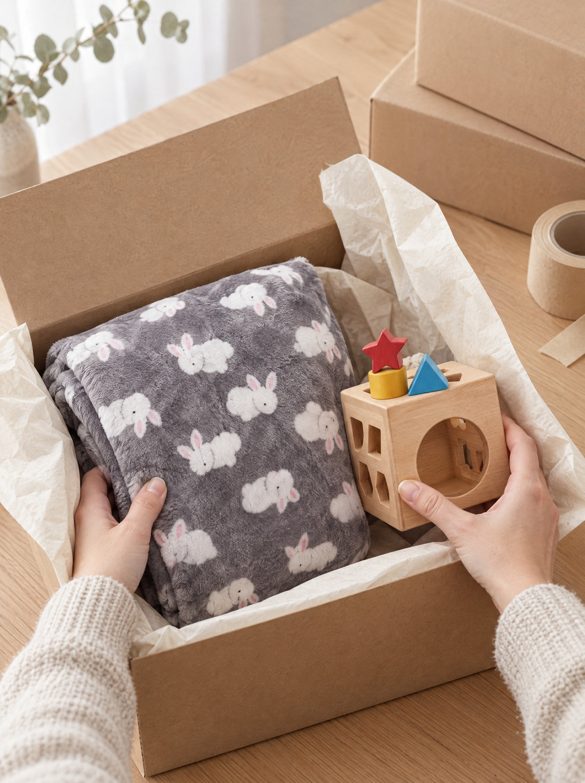 Momi Toys order being packed into a kraft box