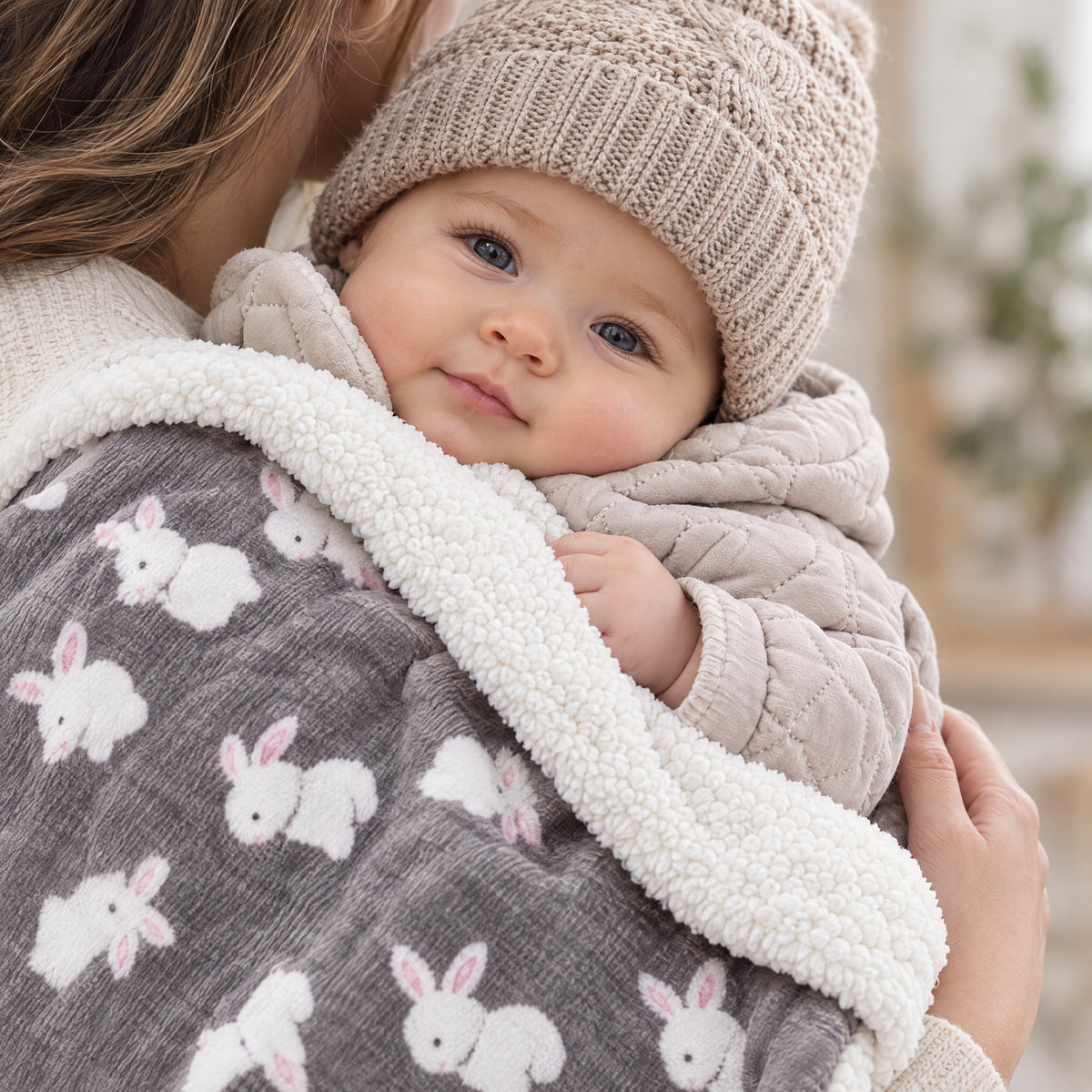 Baby cheek resting on the soft Momi Toys sherpa blanket