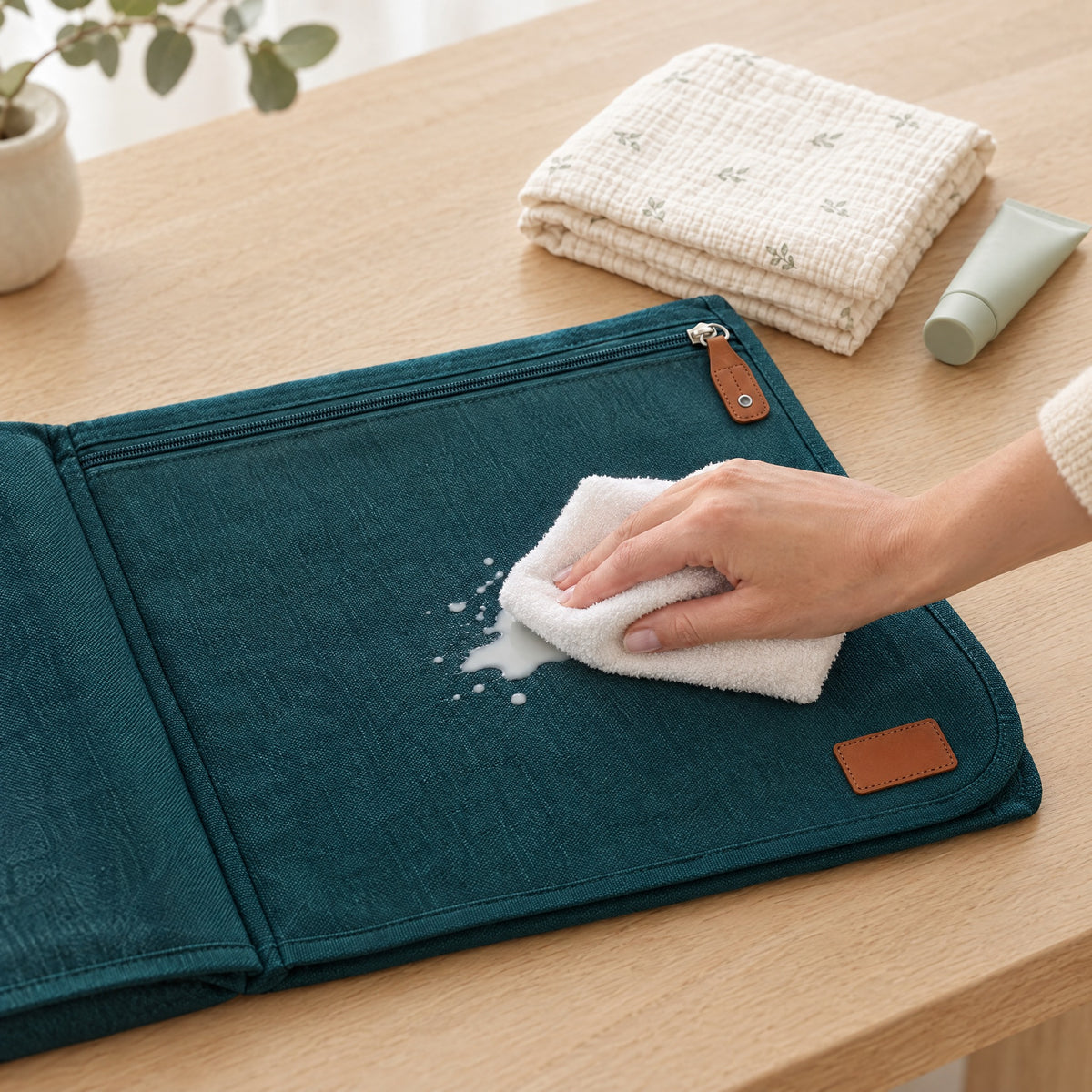 Wiping a spill off the Momi Toys waterproof changing pad