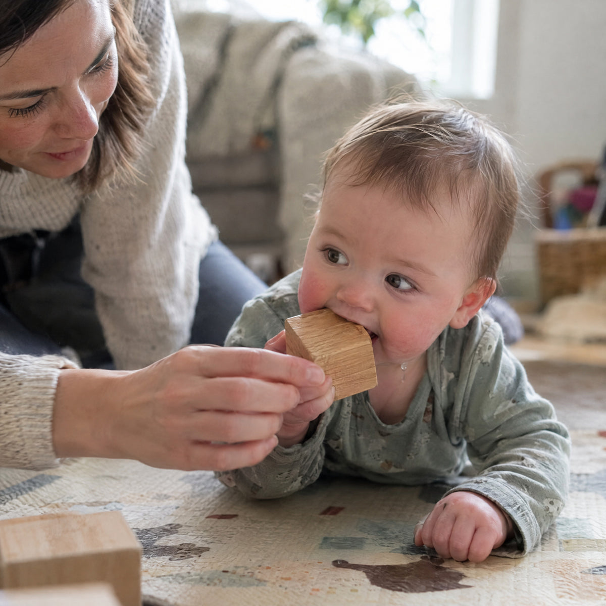 Montessori Sensory Teether, before: Chewing a block