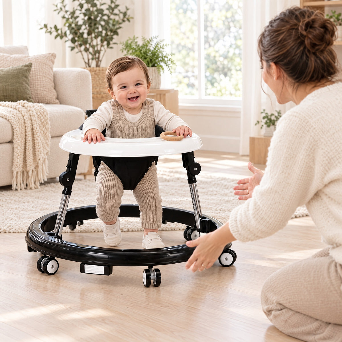 Toddler taking first steps in a baby walker as mom cheers