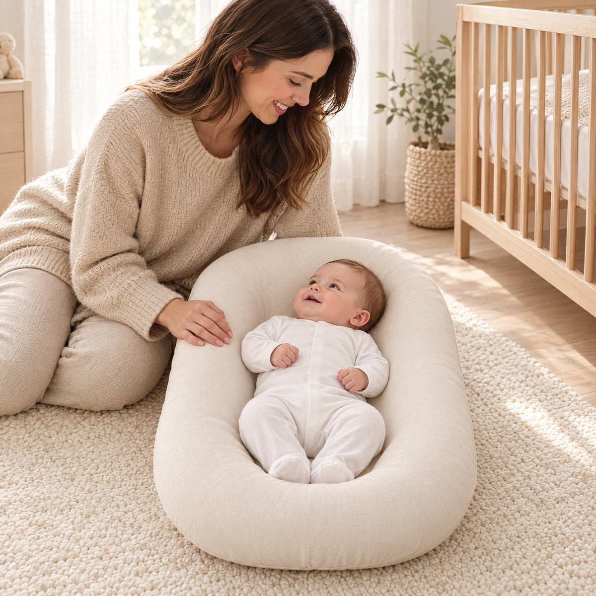 Mom kneeling beside her baby lying in a cream baby lounger nest in a bright nursery