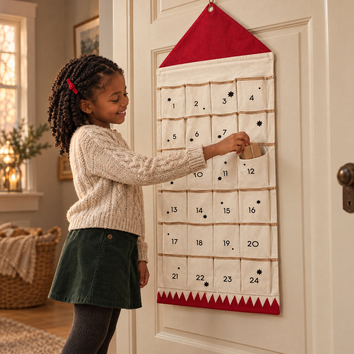 Child playing with the Momi Toys fabric christmas advent calendar red lifestyle photo