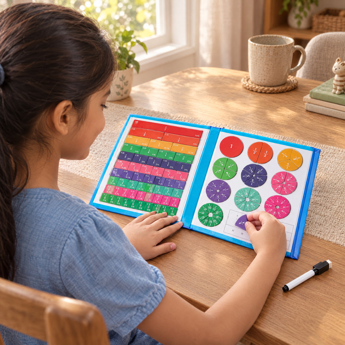 Child playing with the Momi Toys magnetic fractions book lifestyle photo