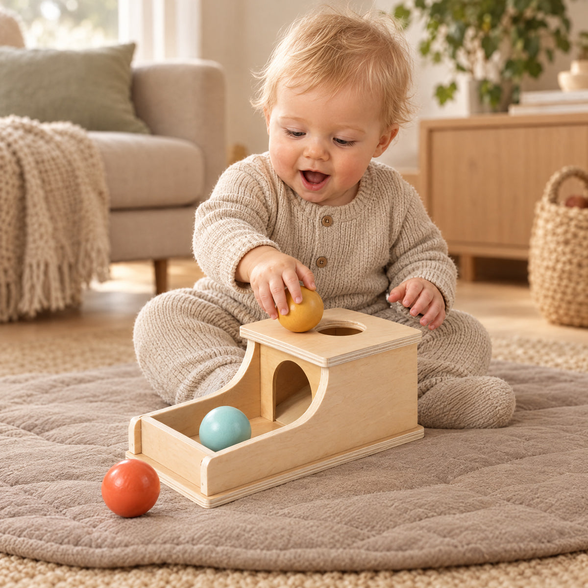 Child playing with the Momi Toys object permanence box 3 balls lifestyle photo