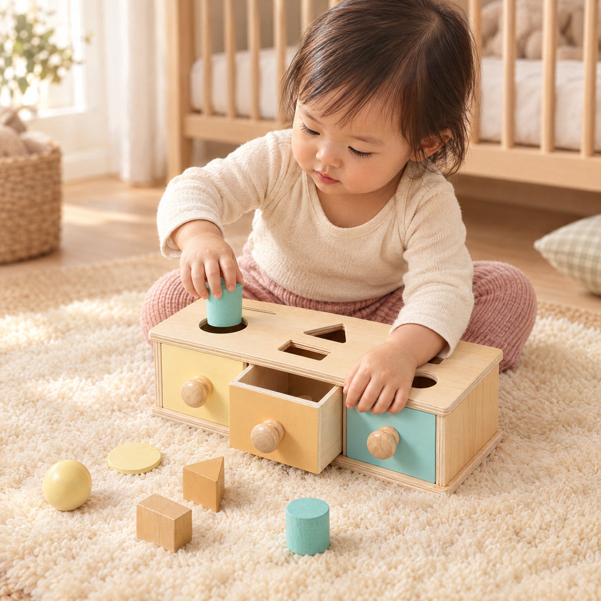Child playing with the Momi Toys object permanence box 3 in 1 lifestyle photo