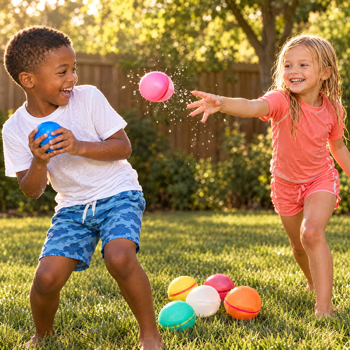 Child playing with the Momi Toys reusable silicone water balloons lifestyle photo