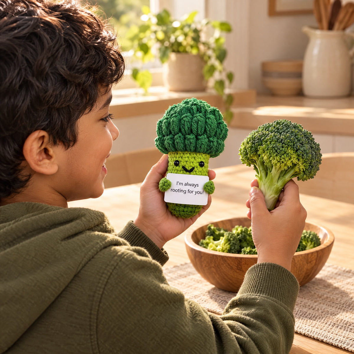 Child playing with the Momi Toys snuggly pals broccoli lifestyle photo