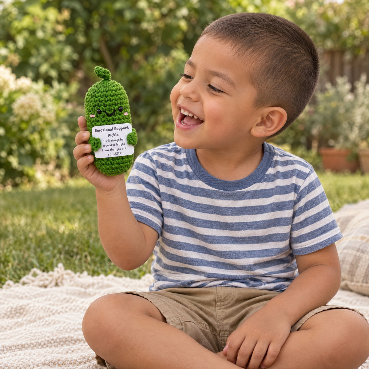 Child playing with the Momi Toys snuggly pals cucumber lifestyle photo