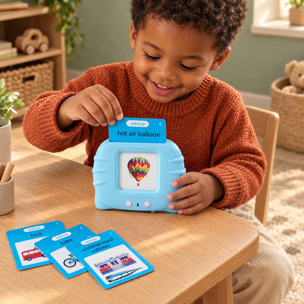Child using the Momi Toys talking flash card reader blue lifestyle photo