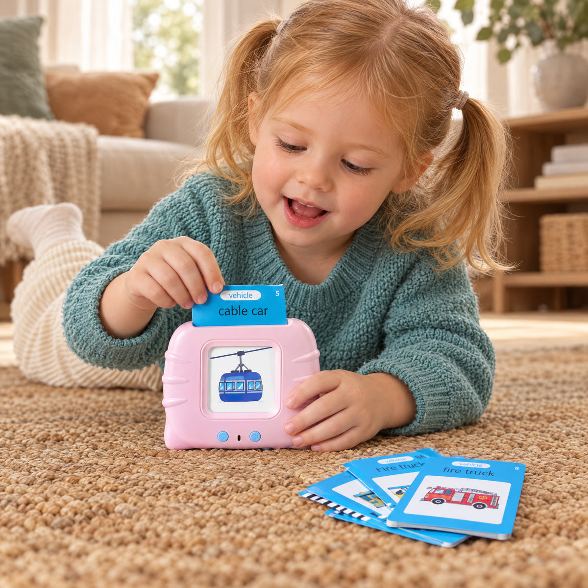 Child playing with the Momi Toys talking flash card reader lifestyle photo