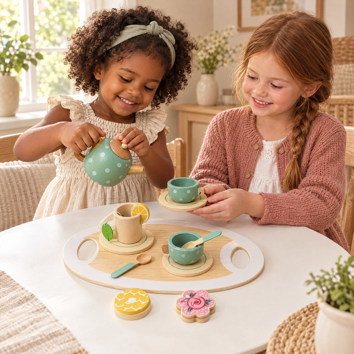 Child playing with the Momi Toys wooden afternoon tea set lifestyle photo