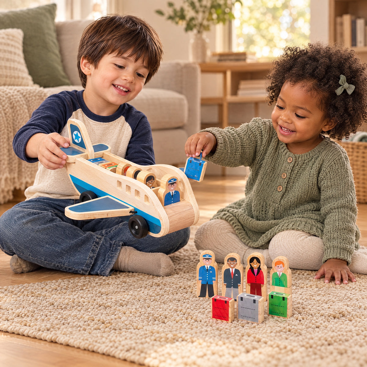 Child playing with the Momi Toys wooden airplane play set lifestyle photo