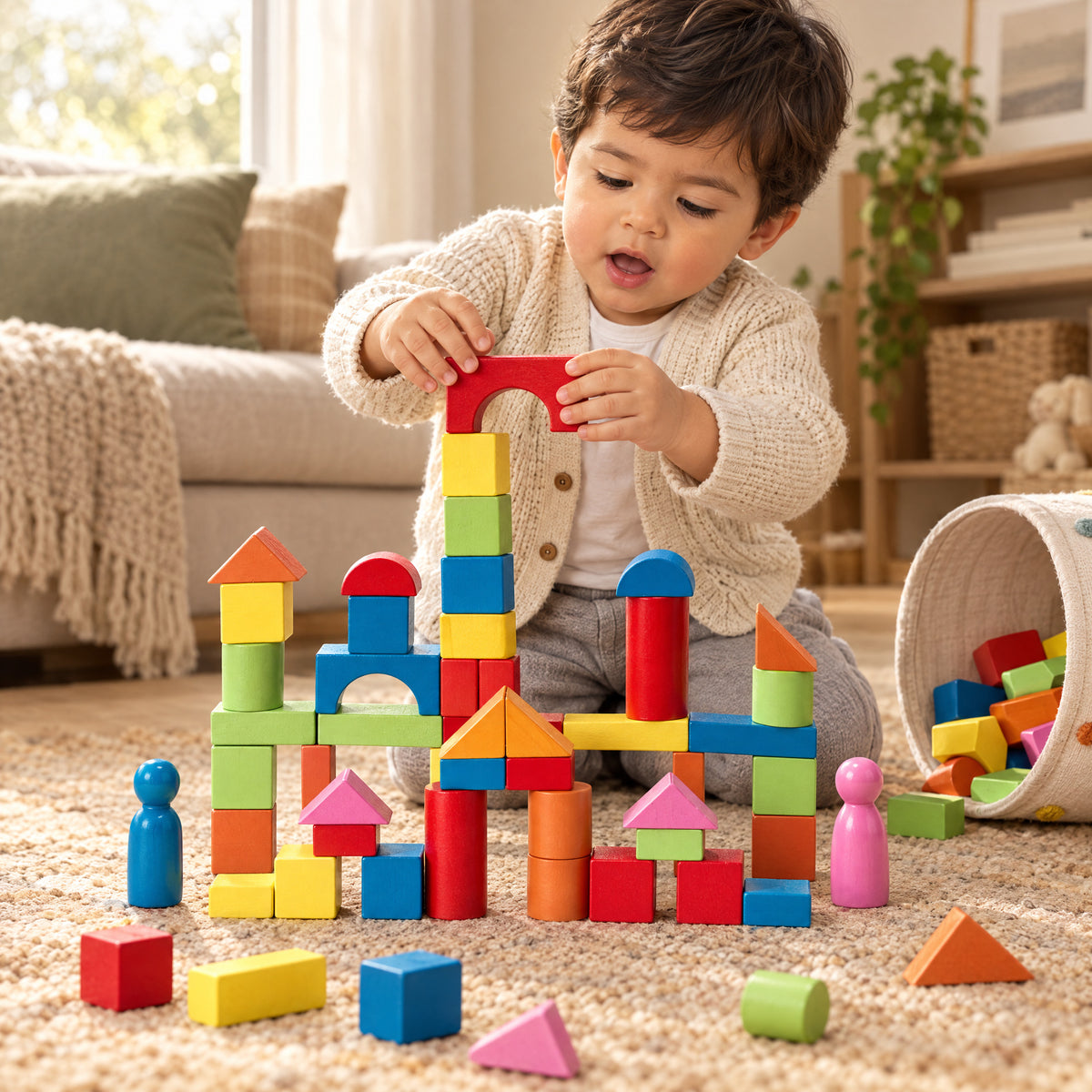 Child playing with the Momi Toys wooden building blocks set lifestyle photo