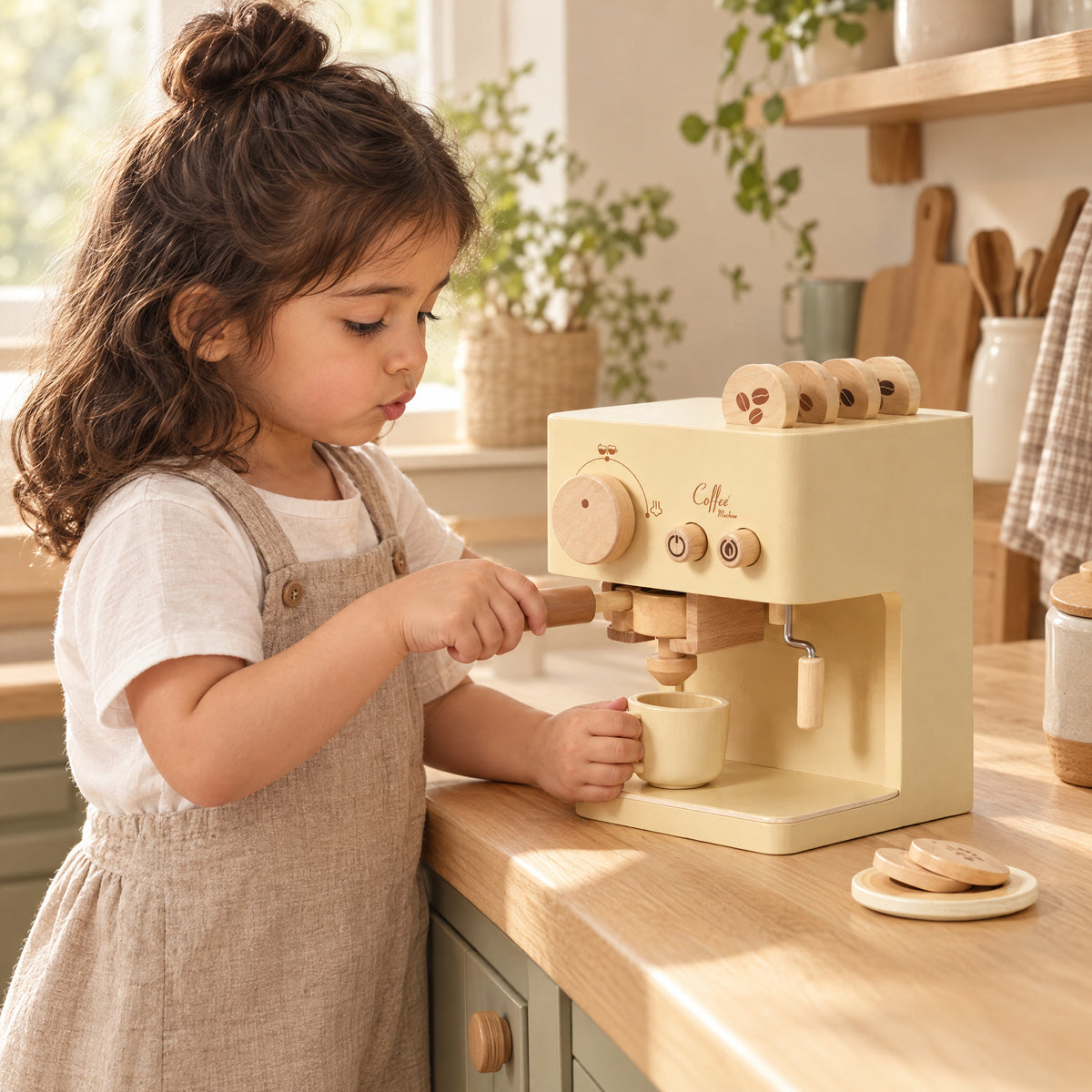 Child playing with the Momi Toys wooden coffee machine play set lifestyle photo