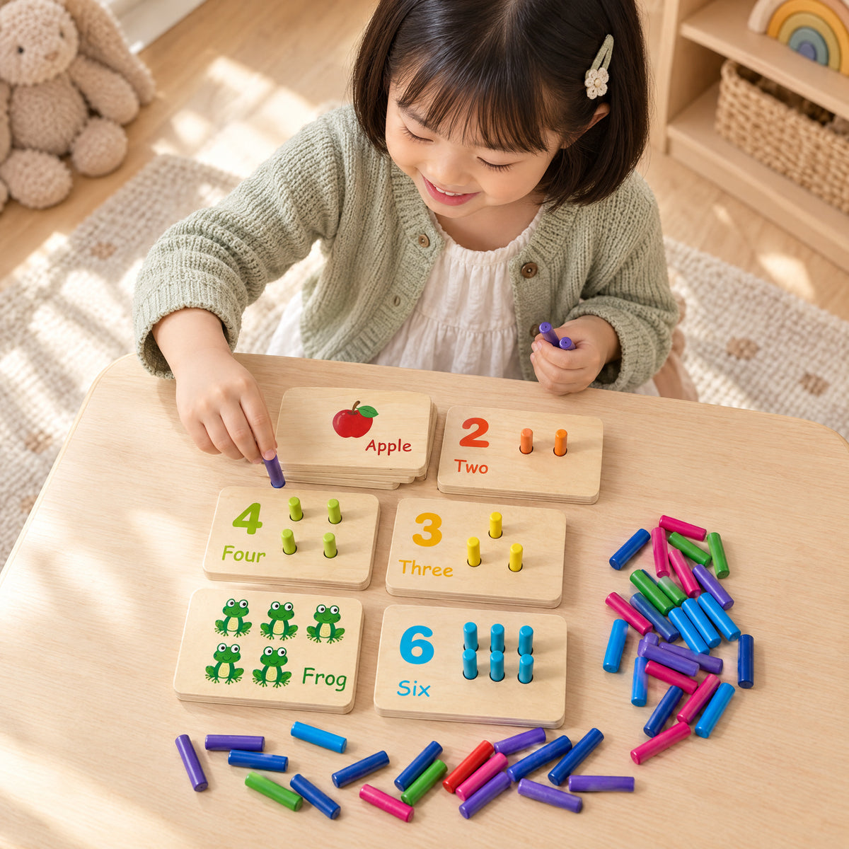 Child playing with the Momi Toys wooden count and match board lifestyle photo