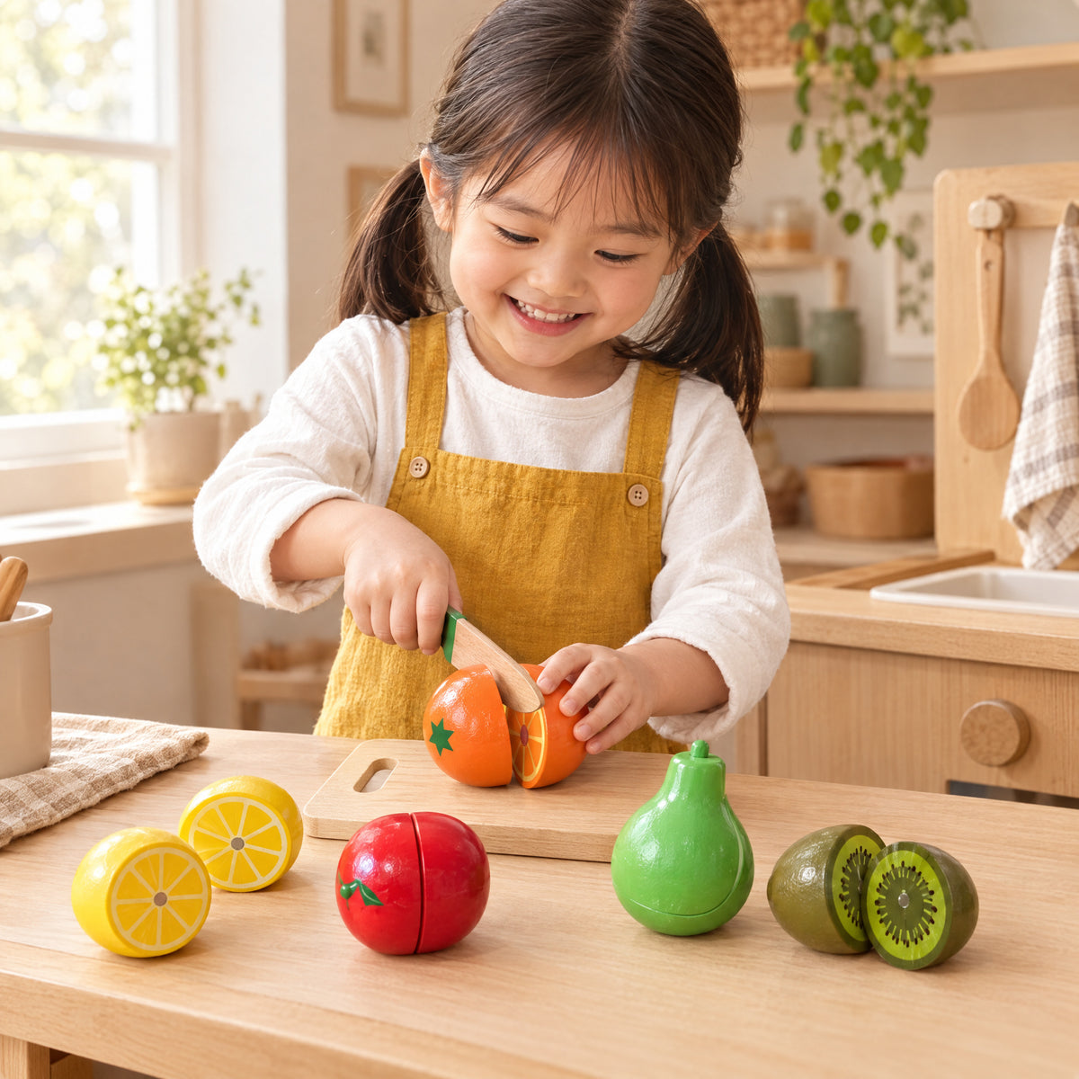 Child playing with the Momi Toys wooden cutting fruits set lifestyle photo