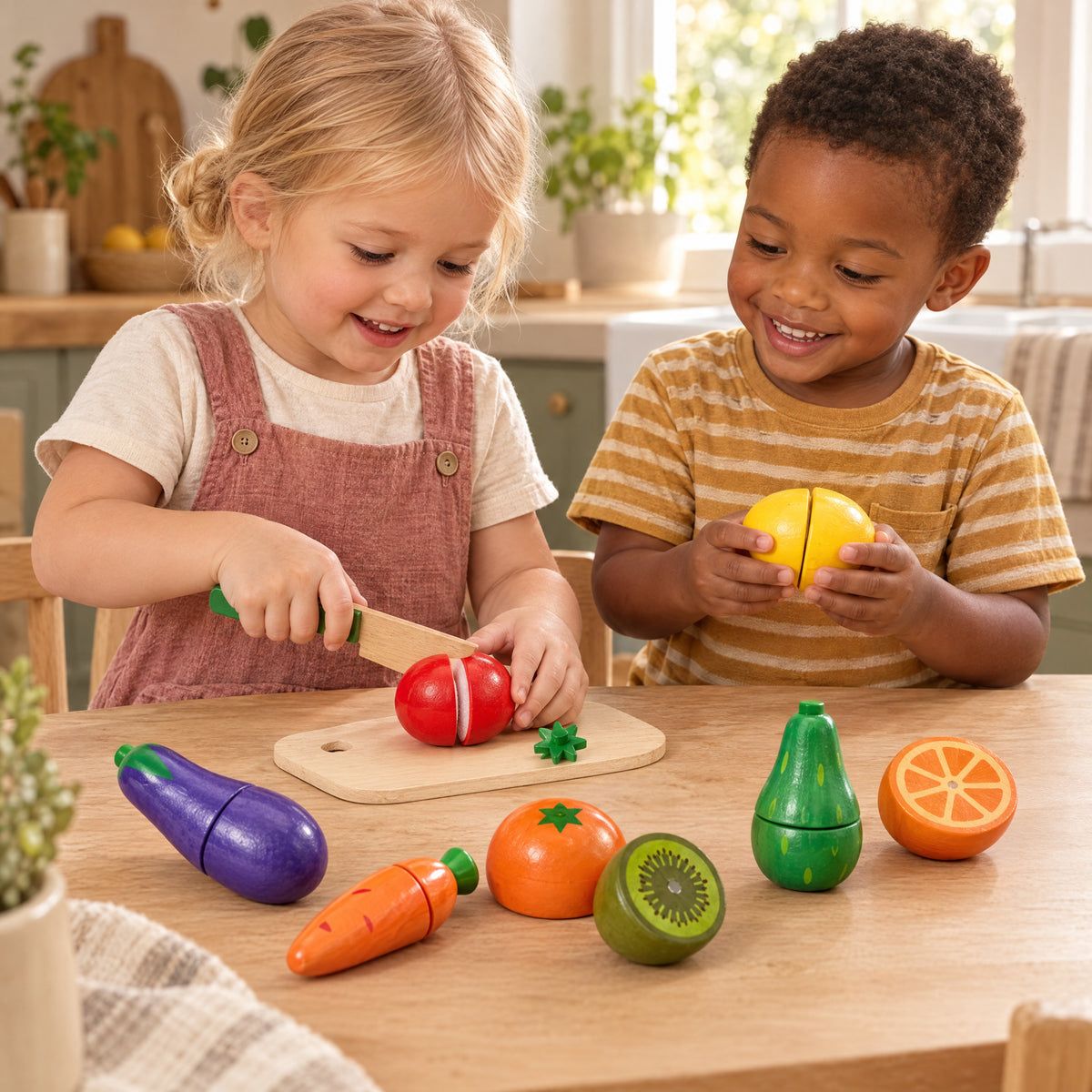 Child playing with the Momi Toys wooden cutting fruits vegetables set lifestyle photo