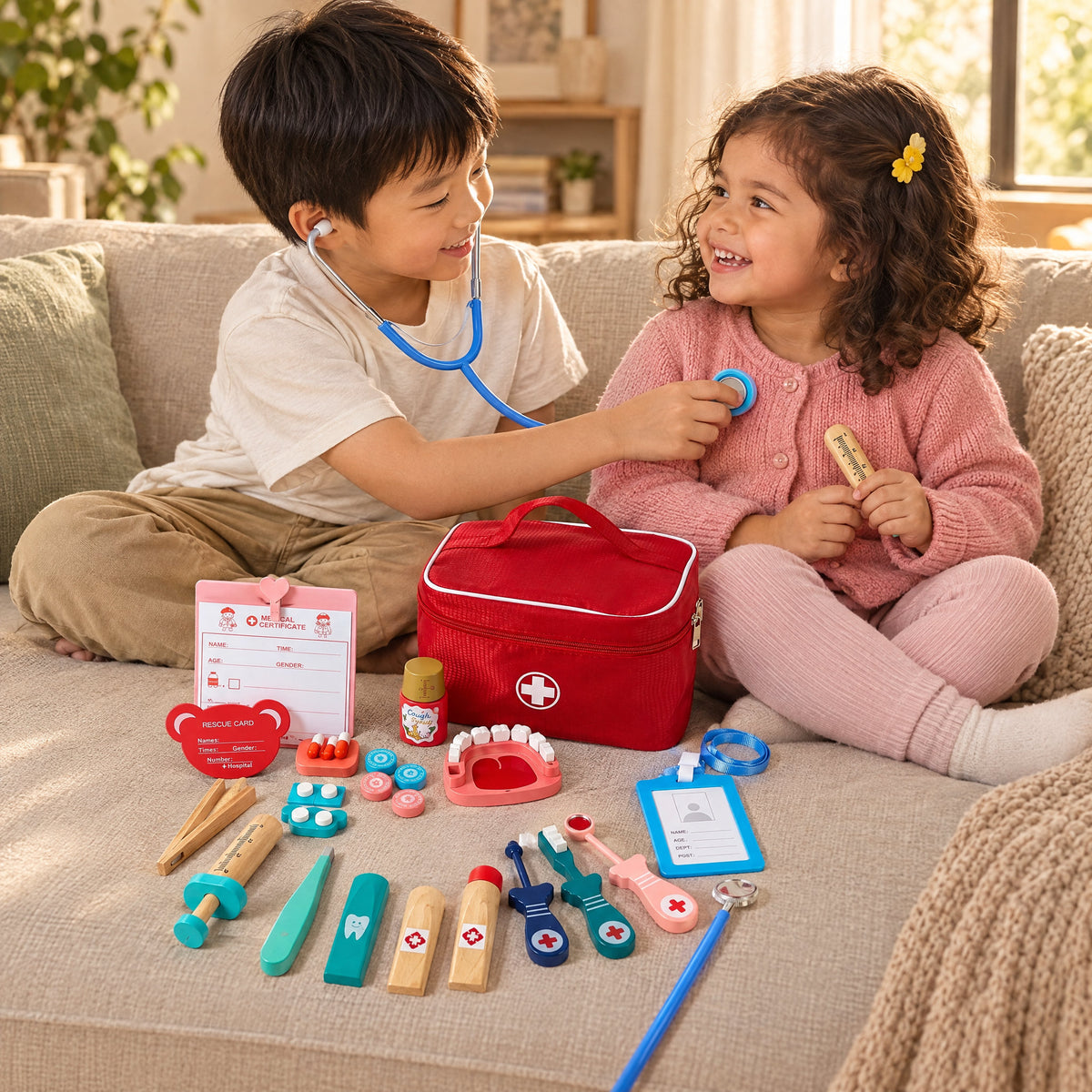 Child playing with the Momi Toys wooden doctor play set lifestyle photo