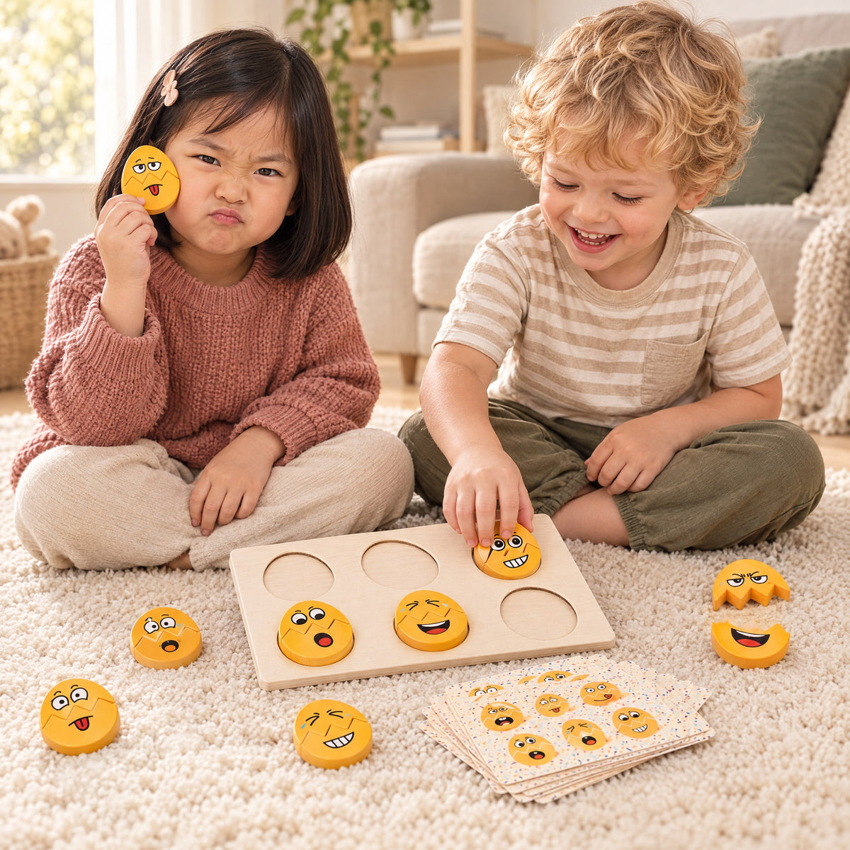 Child playing with the Momi Toys wooden egg faces matching game lifestyle photo
