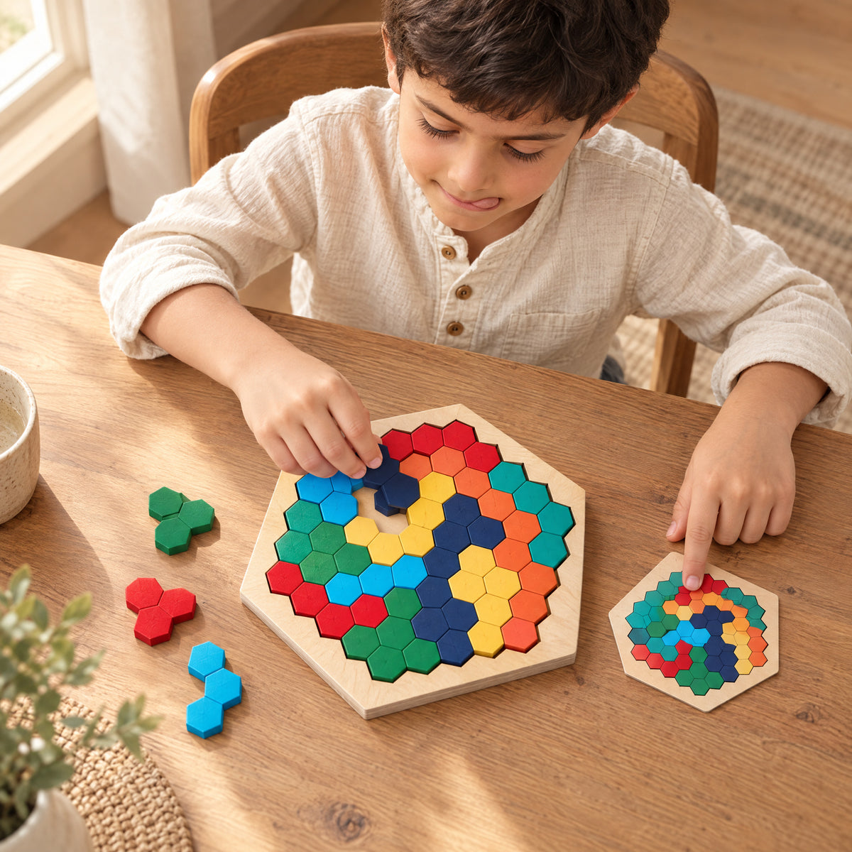 Child playing with the Momi Toys wooden hexagon puzzle lifestyle photo