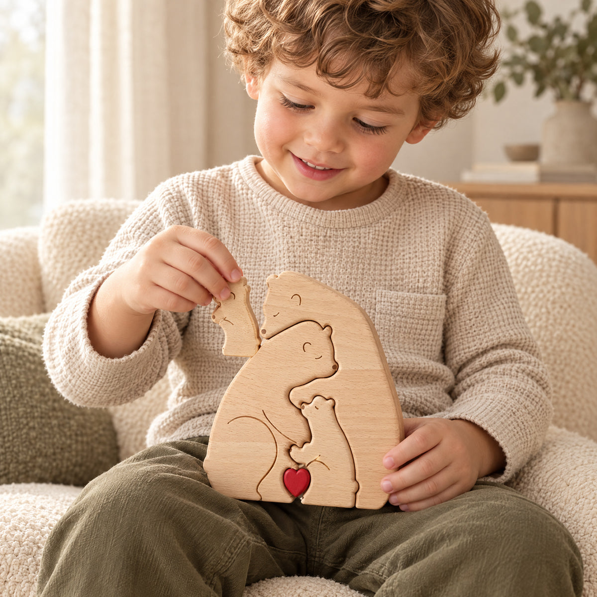 Child playing with the Momi Toys wooden hugging bears 4 bears lifestyle photo