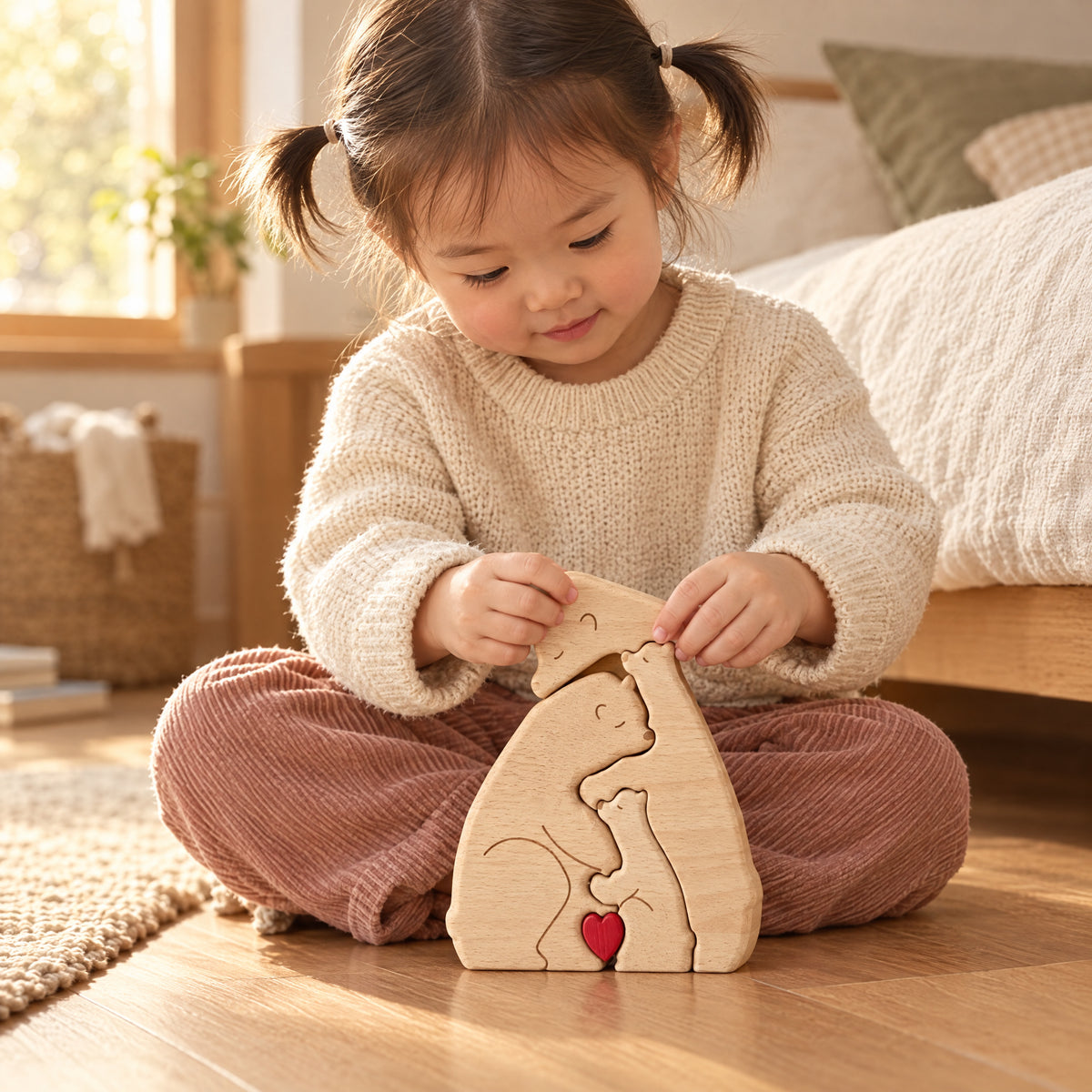 Child playing with the Momi Toys wooden hugging bears lifestyle photo