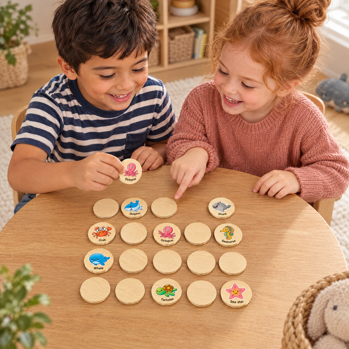 Children playing the Momi Toys wooden memory chess game ocean theme lifestyle photo
