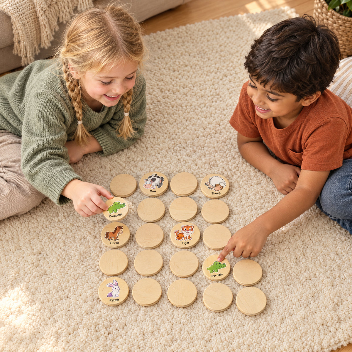 Child playing with the Momi Toys wooden memory chess game lifestyle photo