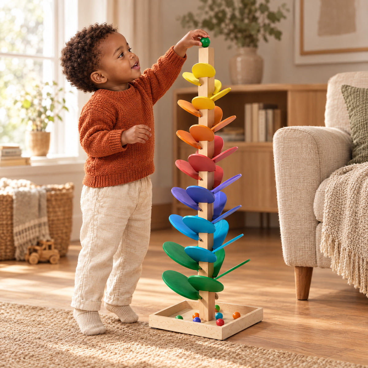 Child playing with the Momi Toys wooden musical tree lifestyle photo