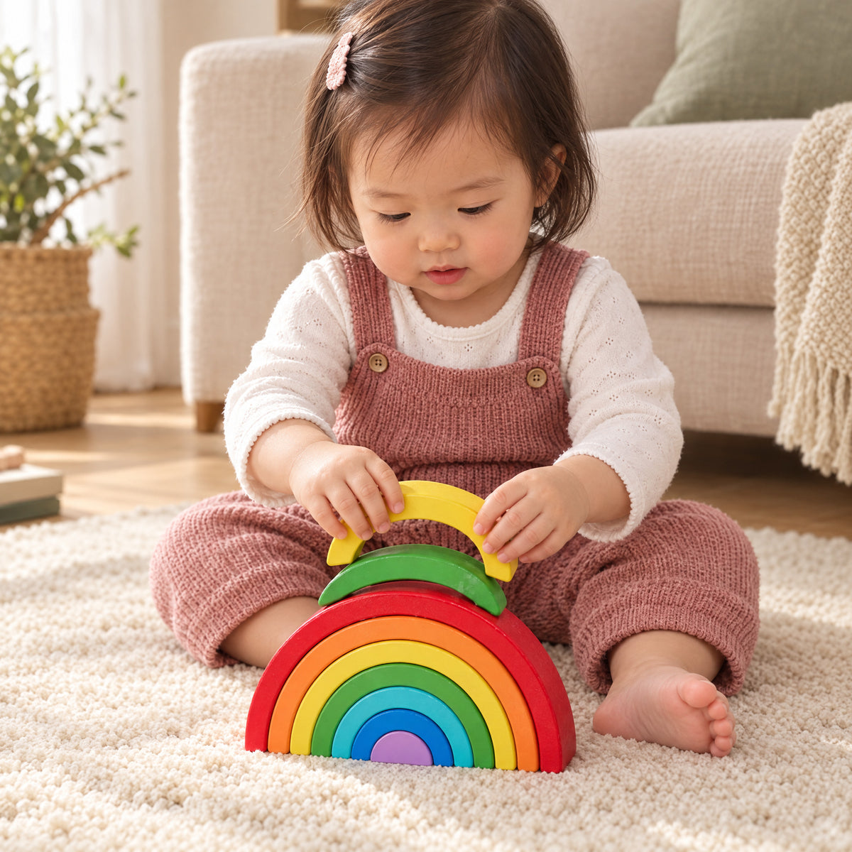 Child playing with the Momi Toys wooden rainbow stacking toy lifestyle photo