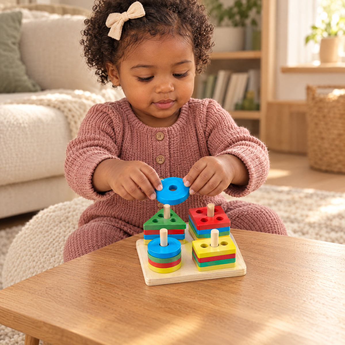Child playing with the Momi Toys wooden shape puzzle lifestyle photo