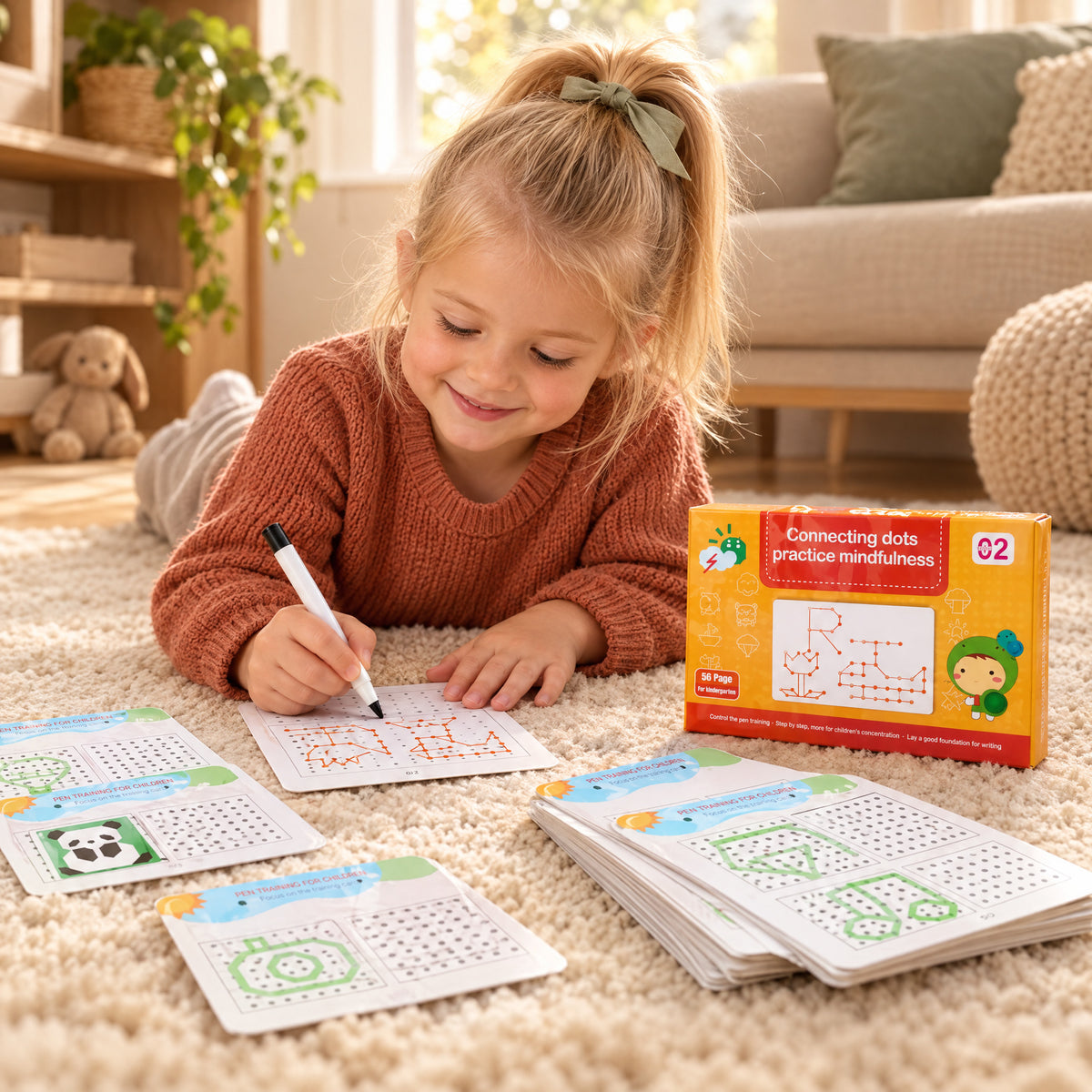 Child using the Momi Toys reusable writing workbook connecting dots lifestyle photo