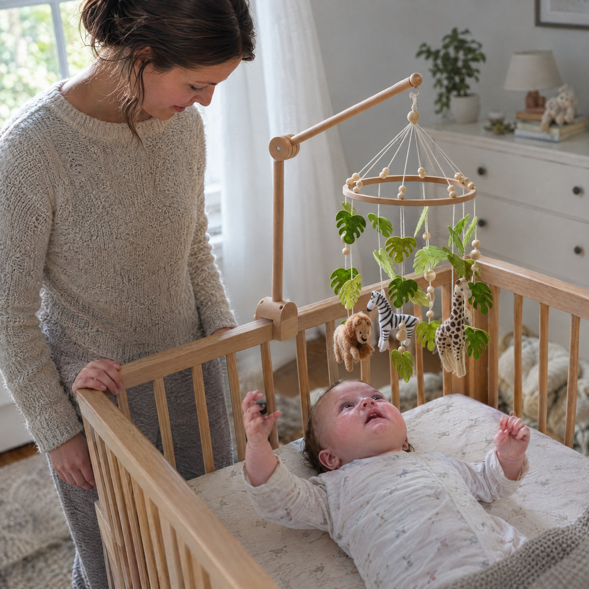 Wooden Crib Mobile, after: With Momi Toys crib mobile